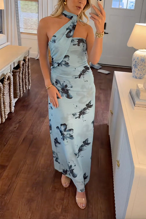 Meridress Halter Sleeveless Floral Print Mesh Maxi Dress