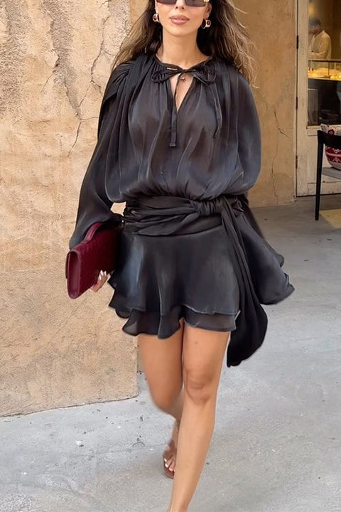 Meridress Long Sleeves Lace-up Tie Waist Ruffle Mini Dress