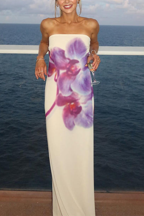 Meridress Elegant Strapless Floral Print Maxi Dress