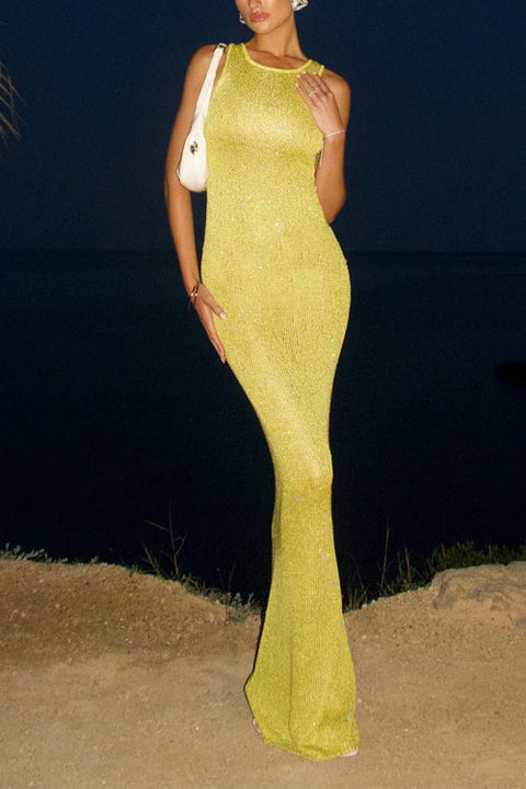 Meridress Round Neck Sleeveless Bodycon Glitter Maxi Party Dress