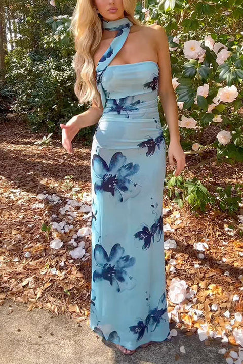 Meridress Strapless Floral Print Mesh Bodycon Maxi Dress