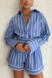 Meridress Striped Long Sleeves Curve Hem Shirt and High Rise Shorts Set