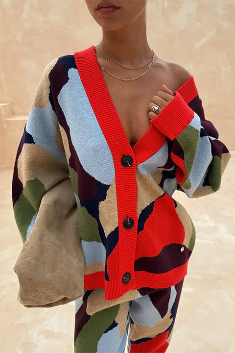 Meridress V Neck Button Up Abstract Print Sweater Cardigan