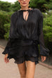 Meridress Long Sleeves Lace-up Tie Waist Ruffle Mini Dress