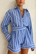 Meridress Striped Long Sleeves Curve Hem Shirt and High Rise Shorts Set