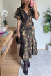V Neck Puff Short Sleeves Floral Print Midi Dress