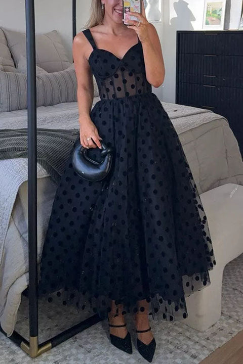 Meridress V Neck Mesh Polka Dot A-line Midi Cami Dress