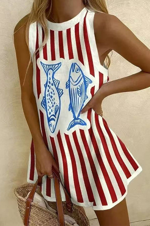 Meridress Crewneck Sleeveless Fish Print Striped Mini Dress