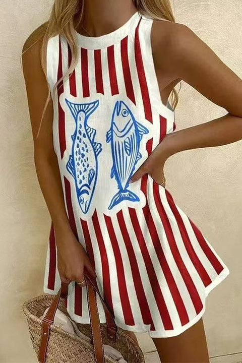 Meridress Crewneck Sleeveless Fish Print Striped Mini Dress