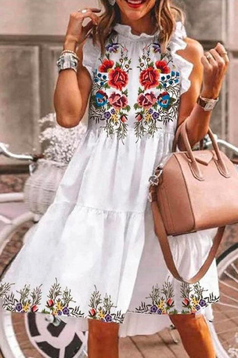 Meridress Chic Floral Printed Ruffle Tiered Sleeveless Dress