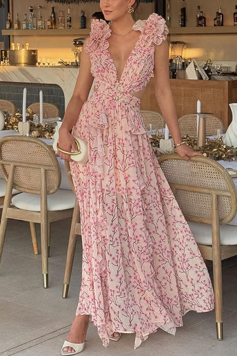 Meridress Deep V Neck Sleeveless Cut Out Floral Print Ruffle Maxi Dress