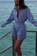 Meridress Striped Long Sleeves Curve Hem Shirt and High Rise Shorts Set