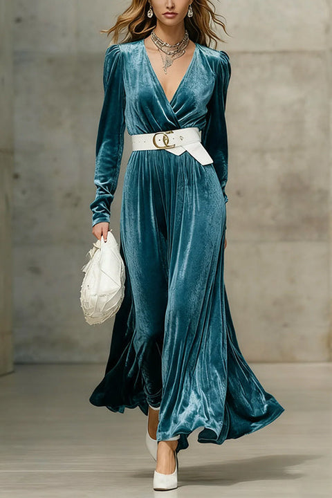 V Neck Long Sleeves Velvet Swing Maxi Dress