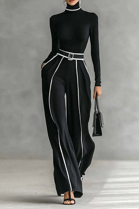 Meridress Color Block High Neck Long Sleeves Top High Rise Wide Leg Pants Set