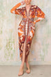 Meridress V Neck Long Sleeves Ruched Slit Printed Midi Dress