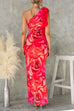 Meridress Ruffle One Shoulder Floral Print Bodycon Maxi Dress