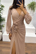 V Neck Long Sleeves Rose Detail Ruched Slit Maxi Dress