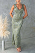 Sleeveless Ruched V Neck Floral Jacquard Maxi Dress