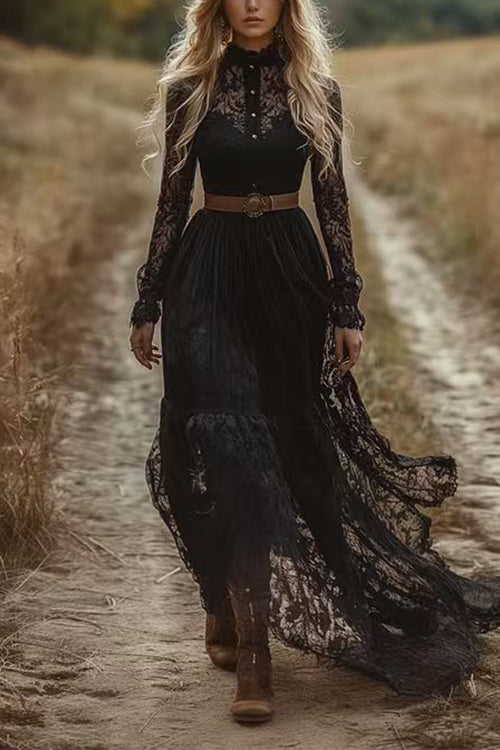 Meridress Long Sleeves Button Up Lace Maxi Dress