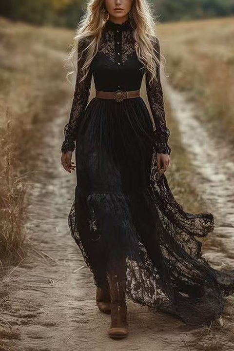 Meridress Long Sleeves Button Up Lace Maxi Dress