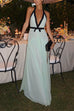 Meridress Deep V Neck Halter Backless Color Block Bow Maxi Dress