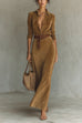 Meridress Long Sleeves Button Up Faux Suede Belted Maxi Dress