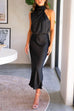 Meridress Solid Halter Waisted Irregular Sleeveless Dress