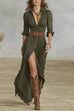 Meridress Lapel V Neck Long Sleeves Button Up Slit Maxi Dress