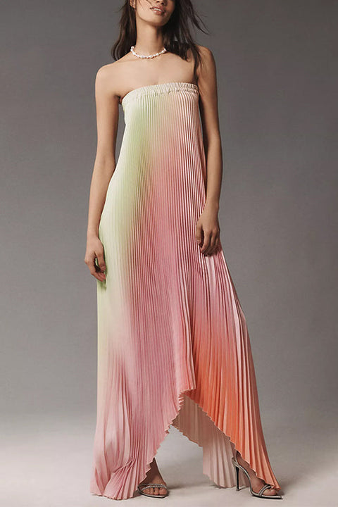 Meridress Strapless Color Block Gradient Pleated Maxi Dress