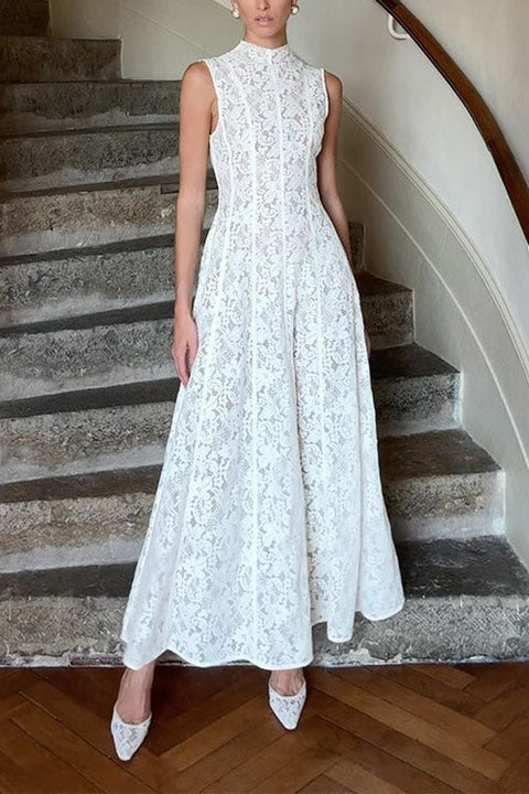Meridress Mockneck Sleeveless A-line Lace Maxi Dress