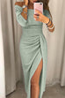 Meridress Off Shoulder High Slit Ruched Glitter Dress