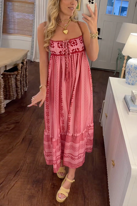 Meridress Crochet Top Printed Flowy Ruffle Maxi Cami Dress