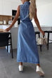Meridress Sleeveless Button Down Tie Waist Pocketed Denim Midi Dress