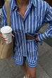 Meridress Striped Long Sleeves Curve Hem Shirt and High Rise Shorts Set