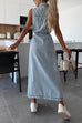 Meridress Sleeveless Button Down Tie Waist Pocketed Denim Midi Dress