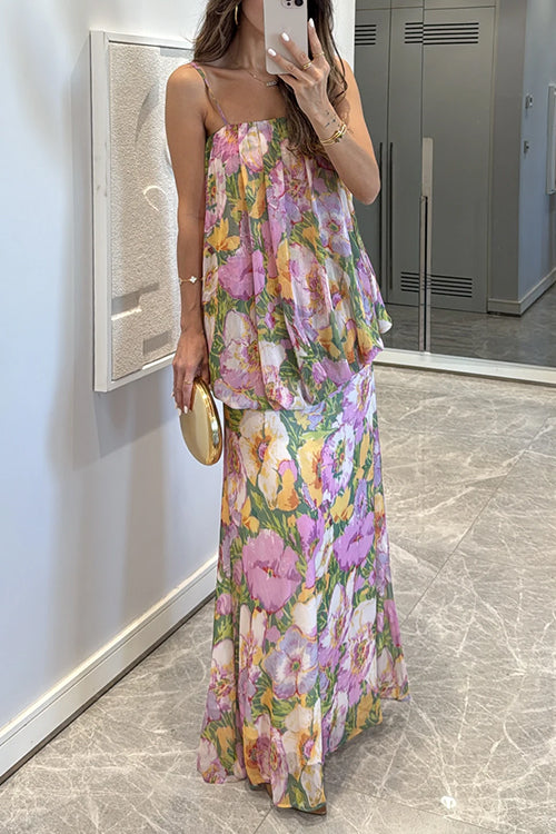 Meridress Blooming Floral Print Cami Top and High Waist Maxi Skirt Set