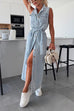 Meridress Sleeveless Button Down Tie Waist Pocketed Denim Midi Dress