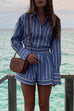 Meridress Striped Long Sleeves Curve Hem Shirt and High Rise Shorts Set