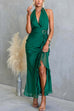 Halter Open Back Gold Buckle Detail Ruffle Slit Maxi Dress