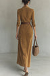 Meridress Long Sleeves Button Up Faux Suede Belted Maxi Dress