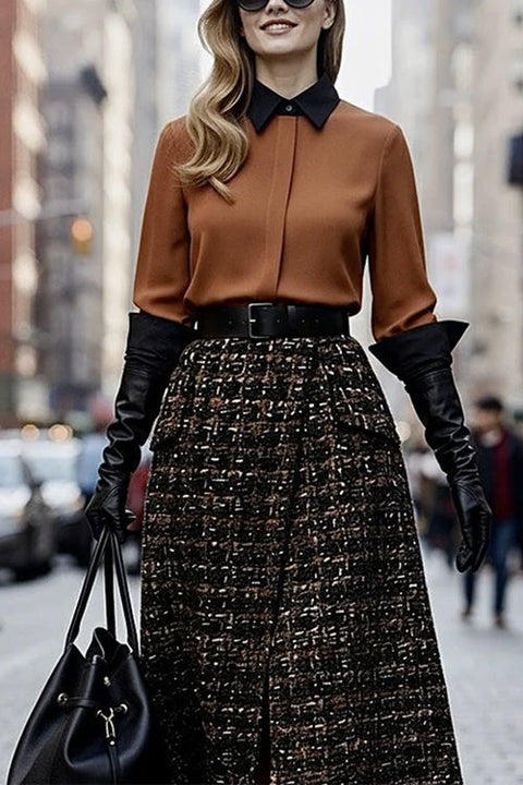 Lapel Button Up Color Block Blouse Shirt