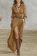Meridress Lapel V Neck Long Sleeves Button Up Slit Maxi Dress