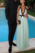 Meridress Deep V Neck Halter Backless Color Block Bow Maxi Dress