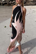 Meridress Halter Neck Open Back Asymmetric Hem Printed Satin Midi Dress