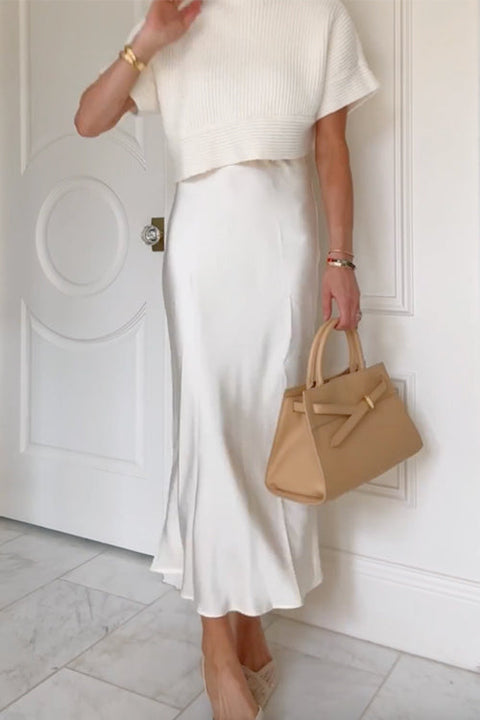 Meridress High Rise Solid Satin Midi Skirt