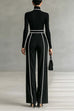 Meridress Color Block High Neck Long Sleeves Top High Rise Wide Leg Pants Set