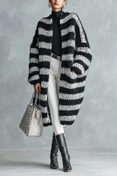 Open Front Striped Pocketed Fuzzy Sweater Cardigan
