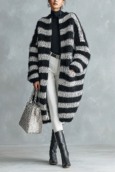 Open Front Striped Pocketed Fuzzy Sweater Cardigan