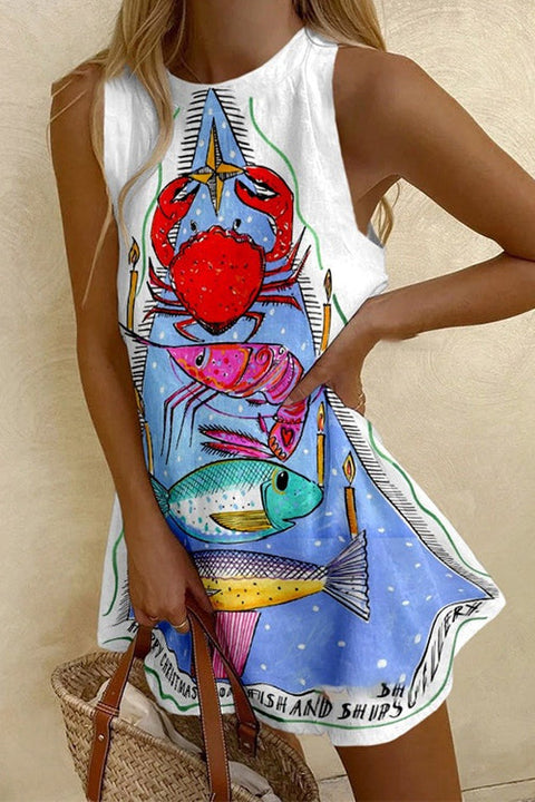 Meridress Crewneck Sleeveless Crab Shrimp Print Mini Dress
