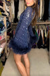 Meridress Stand Collar Feather Trim Sequin Mini Party Dress